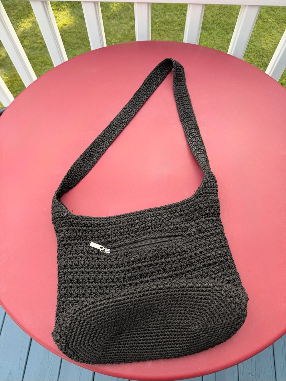 The Sak Black Crochet Hobo Shoulder Bag with Front Zip